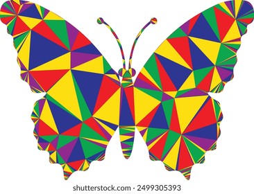 "Triangulator Colorful Butterfly" is a vibrant, geometric design featuring a butterfly composed of colorful, interlocking triangles. This eye-catching artwork brings both nature and abstract art.