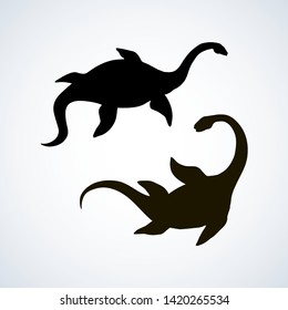 Triassic period huge long styxosaurus Dinosauria isolated on white background. Dark ink hand drawn symbol emblem picture insignia in art retro engraved print style. Undersea view with space for text