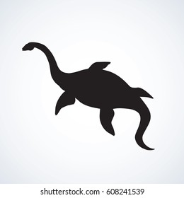 Triassic period huge long styxosaurus Dinosauria isolated on white background. Dark ink hand drawn symbol emblem in art retro style. Undersea view with space for text