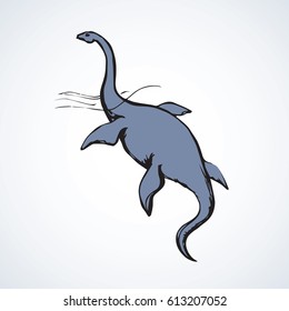 Triassic period huge long styxosaurus Dinosauria isolated on white background. Freehand line black ink hand drawn icon sketchy in art retro doodle style pen on paper. Undersea view with space for text