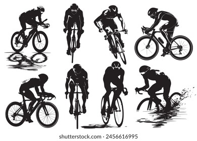 Triathletes silhouettes. Olympic games. Vector isolated activity sportsmen silhouettes, signs, icons. Paris 2024. Black and white design. Bicyclistes.