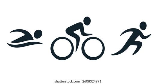Triathlon activity icons: swimming, bicycle, running. Simple sports pictogram set. Isolated vector logo.