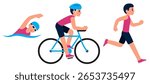 Triathlon activity: swimming, cycling, running. Young man competing in race. Simple flat cartoon style vector illustration set.