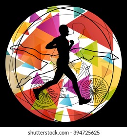 Triathlon athlete men active concept silhouettes in abstract sport landscape background illustration vector
