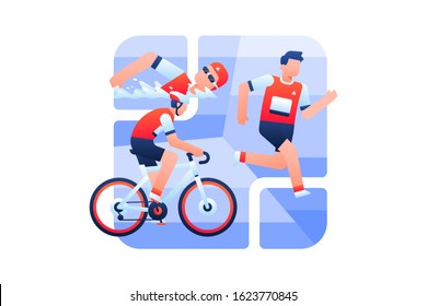 A triathlon athlete is swimming, running and cycling in the championship. Triathlon vector illustration for banner background element.