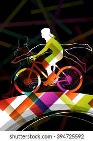 Triathlon athlete women active concept silhouettes in abstract sport landscape background illustration vector