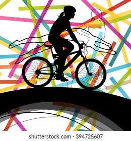 Triathlon athlete women active concept silhouettes in abstract sport landscape background illustration vector