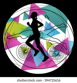 Triathlon athlete women active concept silhouettes in abstract sport landscape background illustration vector