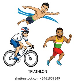 Triathlon athletes isolated on white background in cartoon style. Summer Games 2024. Vector illustration.
