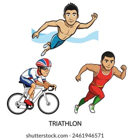 Triathlon athletes isolated on white background in cartoon style. Summer Games 2024. Vector illustration.