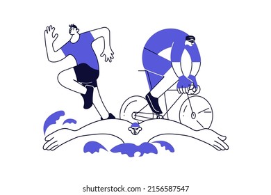 Triathlon banner with athletes isolated on white background. Set of swimming, cycling and runner sportmen. Flat Art Vector Illustration