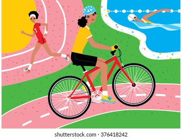Triathlon. Black woman riding bicycle, swimming and jogging, running. Vector illustration