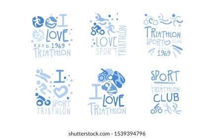Triathlon Club Logo Set, I Love Sport Retro Hand Drawn Labels Vector Illustration