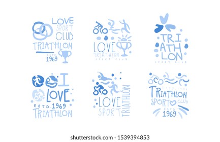 Triathlon Club Logo Set, I Love Sport Hand Drawn Labels Vector Illustration