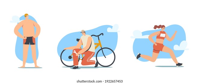 Triathlon Competition Concept. Triathletes Male And Female Characters Running, Cycling And Swimming During International Sports Tournament. Healthy Sports Lifestyle. Cartoon People Vector Illustration