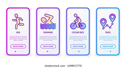 Triathlon competition mobile user interface. Thin line icons: runner, swimmer, cycling race, track. Modern vector illustration for mobile app.