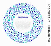 Triathlon concept in circle with thin line icons: runner, swimmer, cycling race, stopwatch, starting, gun, sport glasses, start, victory, success. Modern vector illustration for sport web site.