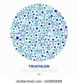 Triathlon concept in circle with thin line icons: runner, swimmer, cycling race, stopwatch, starting, gun, sport glasses, start, victory, success. Modern vector illustration for sport web site.
