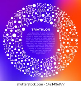 Triathlon concept in circle with thin line icons: runner, swimmer, cycling race, stopwatch, starting, gun, sport glasses, start, victory, success. Modern vector illustration for sport web site.