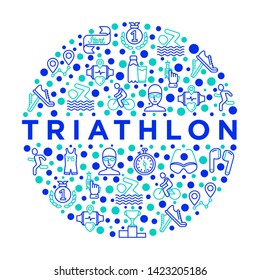 Triathlon concept in circle with thin line icons: runner, swimmer, cycling race, stopwatch, starting, gun, sport glasses, start, victory, success. Modern vector illustration for sport web site.