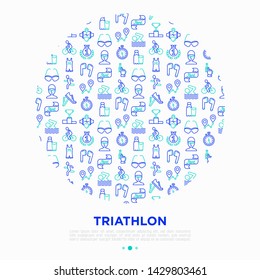 Triathlon concept in circle with thin line icons: runner, swimmer, cycling race, stopwatch, starting, gun, sport glasses, start, victory, success. Modern vector illustration for sport web site.