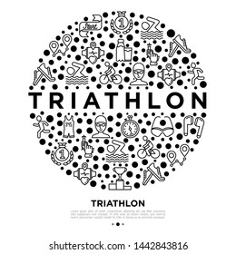 Triathlon concept in circle with thin line icons: runner, swimmer, cycling race, stopwatch, starting, gun, sport glasses, start, victory, success. Modern vector illustration for sport web site.