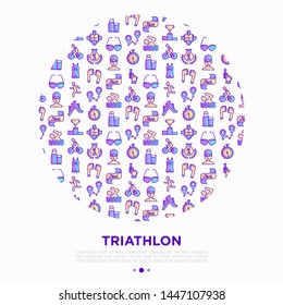Triathlon concept in circle with thin line icons: runner, swimmer, cycling race, stopwatch, starting, gun, sport glasses, start, victory, success. Modern vector illustration for sport web site.