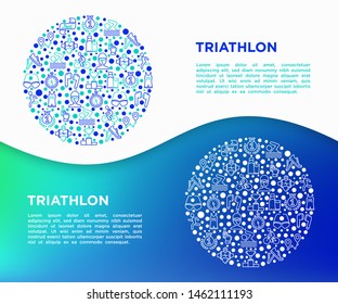 Triathlon concept in circle with thin line icons: runner, swimmer, cycling race, stopwatch, starting, gun, sport glasses, start, victory, success. Modern vector illustration for sport web site.