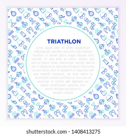 Triathlon concept with thin line icons: runner, swimmer, cycling race, stopwatch, starting, gun, sport glasses, start, victory, success. Modern vector illustration for banner, print media.