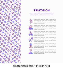 Triathlon concept with thin line icons: runner, swimmer, cycling race, stopwatch, starting, gun, sport glasses, start, victory, success. Modern vector illustration for banner, print media.