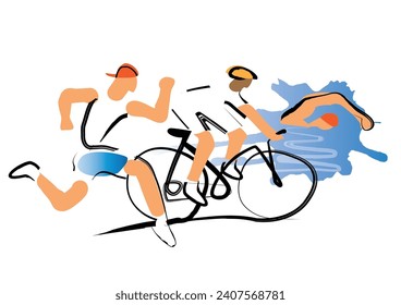 Triathlon cycling swimming, fitnes, expresive.
Stylized Illustration of Triathlon athletes. Isolated on white background. Vector available.