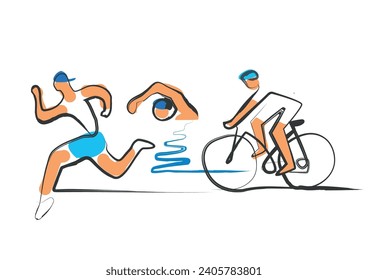 
Triathlon cycling swimming, fitnes, line art.
 Illustration of Triathlon athletes. Continuous Line Drawing. Isolated on white background. Vector available.	