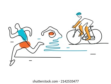 Triathlon cycling swimming, line art. 
Illustration of Triathlon athletes. Continuous Line Drawing. Vector available.