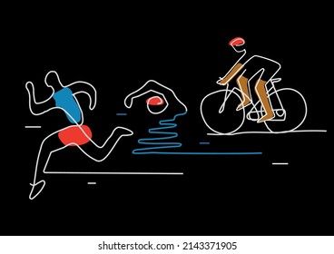 Triathlon cycling swimming , line art. Illustration of Triathlon athletes on black background. Continuous Line Drawing .  Vector available.
