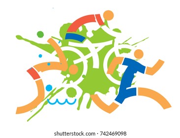 Triathlon cyclist runner swimmer.
Grunge stylized illustration of triathlon, swimming, running and cycling. Vector available. 
