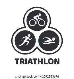 Triathlon event logo. Swim, run and bike icons in simple modern style. Isolated vector symbol.
