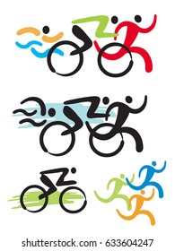 Triathlon fitness icons.
Stylized colorful Illustration of Triathlon athletes. Vector available.