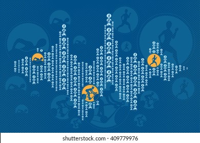Triathlon graphic in shape of healthy heart rate graph. Triathletes are swimming running and cycling in circle icon.