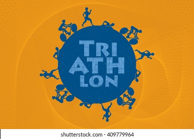 Triathlon graphic and text. Triathletes are swimming running and cycling around the world in circular shape.