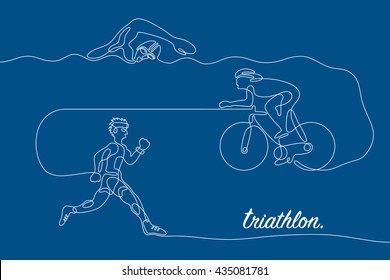 Triathlon graphic using single line to design and form the shape of triathletes are swimming running and cycling.