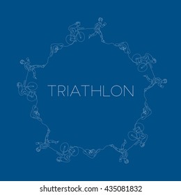 Triathlon graphic using single line to design and form the shape of triathletes are swimming running and cycling.