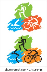 Triathlon grunge icons.
Grunge background with Icons symbolizing triathlon, swimming, running and cycling. Vector illustration.