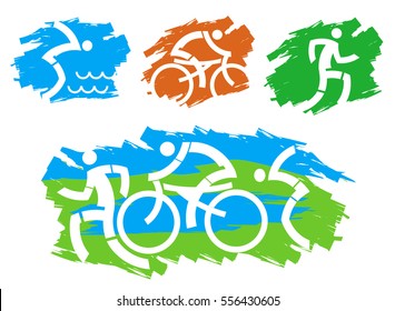 Triathlon grunge stylized icons.
Cyclist, swimmer and runner icons on the grunge background. Vector available.