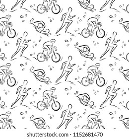 Triathlon hand drawn outline icons in seamless pattern for sport event or marathon or competition or triathlon team or club, check list, invitation, poster, banner, logo. Swim, bike, run, sport tattoo