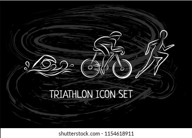 Triathlon hand drawn outline icons set for sport event or marathon or competition or triathlon team or club materials, check list, invitation, poster, banner, logo. Swim, bike, run icons, sport tattoo