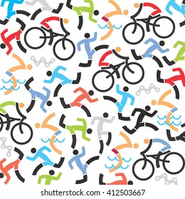 Fondo de iconos de triatlón.
Antecedentes con íconos de atletas triatlones, nadadores, ciclistas, corredor. Vector disponible.
