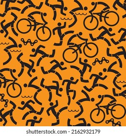  Triathlon icons background. Orange Background with black icons of triathlon athletes. Vector available.
