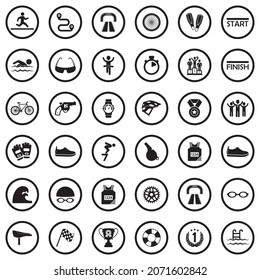 Triathlon Icons. Black Flat Design In Circle. Vector Illustration.