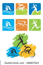 Triathlon icons buttons Icons symbolizing triathlon, swimming, cycling and outdoor sports. Vector illustration. 