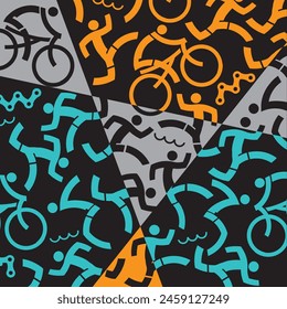 Triathlon icons, colorful dynamic background. 
Background with symbols of triathlon athletes, swimmers, cyclists, runner. Vector available.